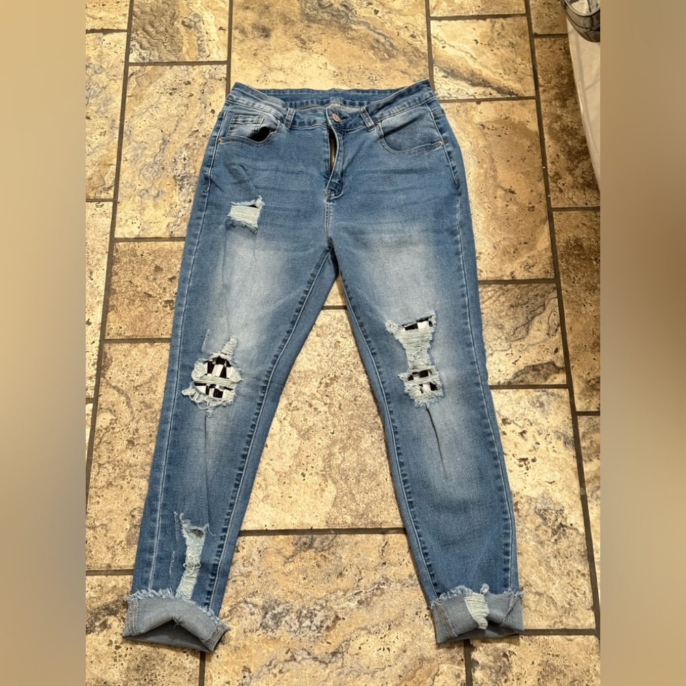 Checkered Patch Distressed Light Blue Jeans - image 4